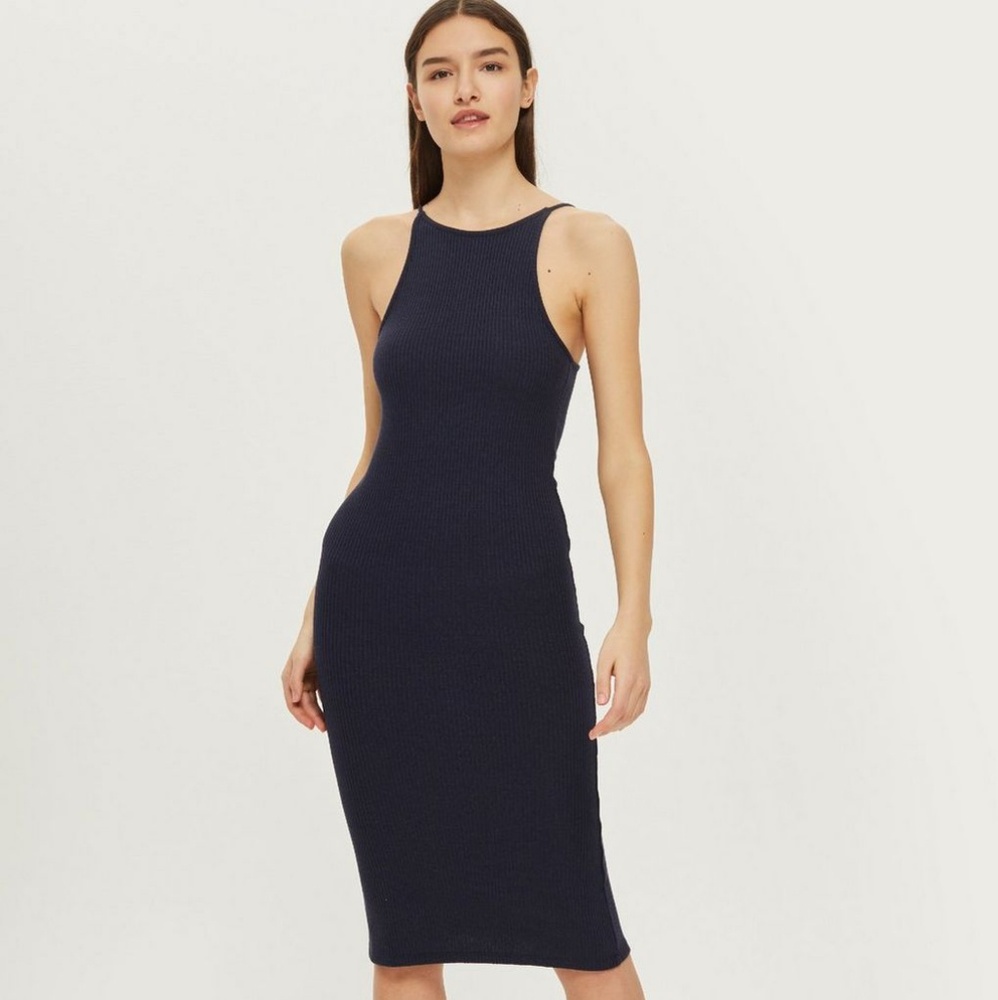 EUC Topshop Navy Blue Ribbed Scoop Back Midi Dress
